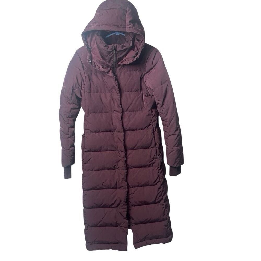 Lole Purple Duck Down Long Puffer Jacket Hooded Womens Size Medium Full Zip And